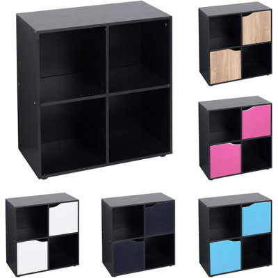 URBNLIVING 4 Cube Black Wooden Bookcase Shelving Display Shelves Storage Unit Wood Shelf Oak Door