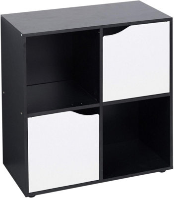 URBNLIVING 4 Cube Black Wooden Bookcase Shelving Display Shelves Storage Unit Wood Shelf White Door