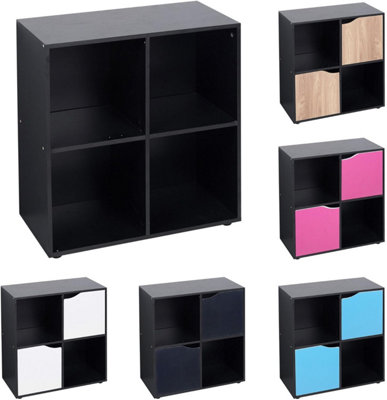 URBNLIVING 4 Cube Black Wooden Bookcase Shelving Display Shelves Storage Unit Wood Shelf White Door