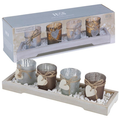 URBNLIVING 4 Tea Light Home Decor Holders  With Modern Wood Tray Decorative Stones Gift Set