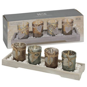 URBNLIVING  4 Tea Light Home Decor Holders With Modern Wood Tray Mantle Display Gift Set