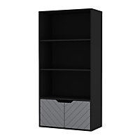 URBNLIVING 4 Tier Black Wooden Bookcase Cupboard with 2 Grey Line Doors Storage Shelving Display Cabinet