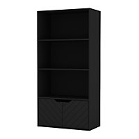 URBNLIVING 4 Tier Black Wooden Bookcase Cupboard with 2 Line Doors Storage Shelving Display Cabinet
