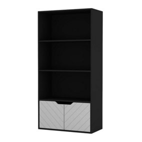 URBNLIVING 4 Tier Black Wooden Bookcase Cupboard with 2 White Line Doors Storage Shelving Display Cabinet