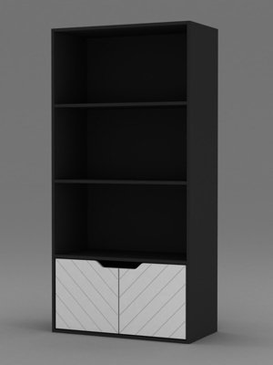 URBNLIVING 4 Tier Black Wooden Bookcase Cupboard with 2 White Line Doors Storage Shelving Display Cabinet