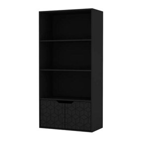URBNLIVING 4 Tier Black Wooden Bookcase Cupboard With Black Geo Doors Storage Shelving Display Cabinet