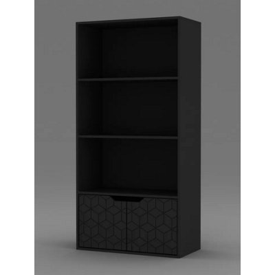 URBNLIVING 4 Tier Black Wooden Bookcase Cupboard With Black Geo Doors Storage Shelving Display Cabinet