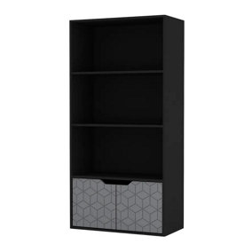 URBNLIVING 4 Tier Black Wooden Bookcase Cupboard With Grey Geo Doors Storage Shelving Display Cabinet