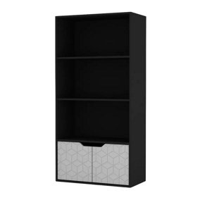 URBNLIVING 4 Tier Black Wooden Bookcase Cupboard With White Geo Doors Storage Shelving Display Cabinet