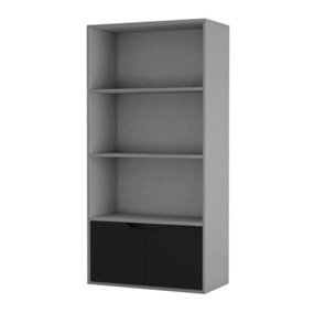 URBNLIVING 4 Tier Grey Wooden Bookcase Cupboard with 2 Black Line Doors Storage Shelving Display Cabinet
