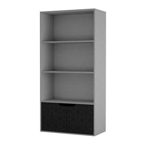 URBNLIVING 4 Tier Grey Wooden Bookcase Cupboard with Geo Black Doors Storage Shelving Display Cabinet