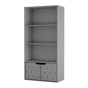 URBNLIVING 4 Tier Grey Wooden Bookcase Cupboard with Grey Geo Doors Storage Shelving Display Cabinet