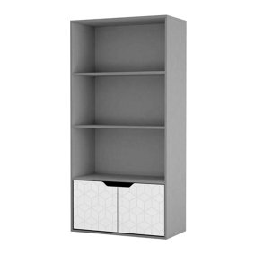 URBNLIVING 4 Tier Grey Wooden Bookcase Cupboard with White Geo Doors Storage Shelving Display Cabinet