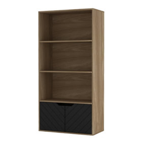 URBNLIVING 4 Tier Oak Coloured Wooden Bookcase Cupboard with 2 Black Line Doors Storage Shelving Display Cabinet