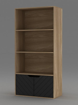 URBNLIVING 4 Tier Oak Coloured Wooden Bookcase Cupboard with 2 Black Line Doors Storage Shelving Display Cabinet