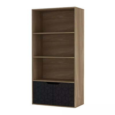 URBNLIVING 4 Tier Oak Wooden Bookcase Cupboard with Black Geo Doors Storage Shelving Display Cabinet