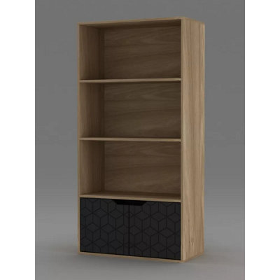 URBNLIVING 4 Tier Oak Wooden Bookcase Cupboard with Black Geo Doors Storage Shelving Display Cabinet