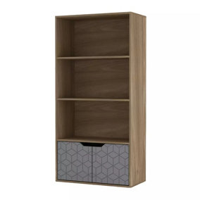 URBNLIVING 4 Tier Oak Wooden Bookcase Cupboard with Grey Geo Doors Storage Shelving Display Cabinet