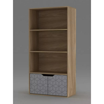 URBNLIVING 4 Tier Oak Wooden Bookcase Cupboard with Grey Geo Doors Storage Shelving Display Cabinet