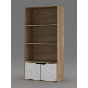 URBNLIVING 4 Tier Oak Wooden Bookcase Cupboard with White Geo Doors Storage Shelving Display Cabinet