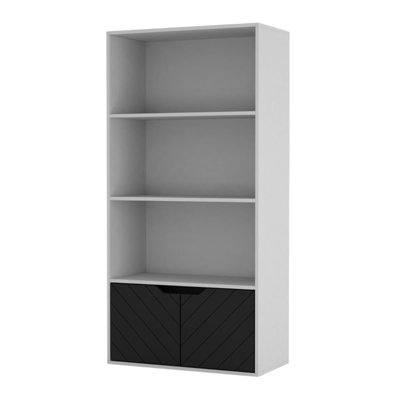 URBNLIVING 4 Tier White Wooden Bookcase Cupboard with 2 Black Line Doors Storage Shelving Display Cabinet