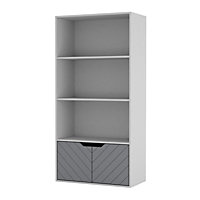 URBNLIVING 4 Tier White Wooden Bookcase Cupboard with 2 Grey Line Doors Storage Shelving Display Cabinet