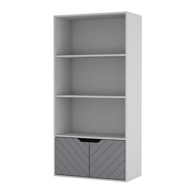 URBNLIVING 4 Tier White Wooden Bookcase Cupboard with 2 Grey Line Doors Storage Shelving Display Cabinet