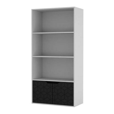 URBNLIVING 4 Tier White Wooden Bookcase Cupboard with Black Geo Doors Storage Shelving Display Cabinet