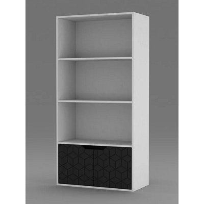 URBNLIVING 4 Tier White Wooden Bookcase Cupboard with Black Geo Doors Storage Shelving Display Cabinet