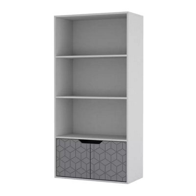 URBNLIVING 4 Tier White Wooden Bookcase Cupboard with Grey Geo Doors Storage Shelving Display Cabinet