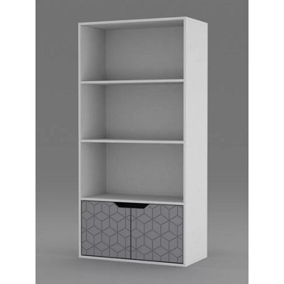 URBNLIVING 4 Tier White Wooden Bookcase Cupboard with Grey Geo Doors Storage Shelving Display Cabinet