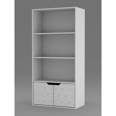 URBNLIVING 4 Tier White Wooden Bookcase Cupboard With White Geo Doors Storage Shelving Display Cabinet