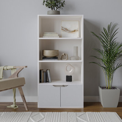 URBNLIVING 4 Tier White Wooden Bookcase with Grey Doors Storage Shelving Unit