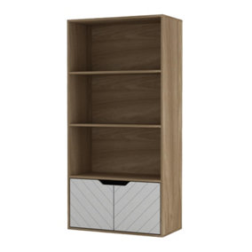 URBNLIVING 4 Tier Wooden Bookcase Cupboard w/Line Doors Storage Shelving Display Cabinet Oak White with 2 Line Doors
