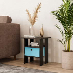 URBNLIVING 40cm Height 2 Tier Black Wooden Table Bedside Nightstand 1 Light Blue Drawer Side End Living Room Furniture