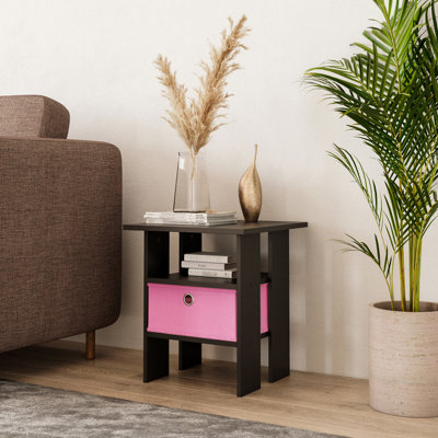 URBNLIVING 40cm Height 2 Tier Black Wooden Table Bedside Nightstand 1 Pink Drawer Side