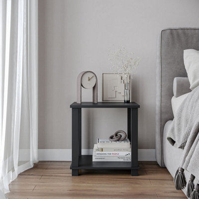 URBNLIVING 40cm Height Black 2 Tier S-Tube End Table Small Wood Bedside Nightstand With Storage Shelf