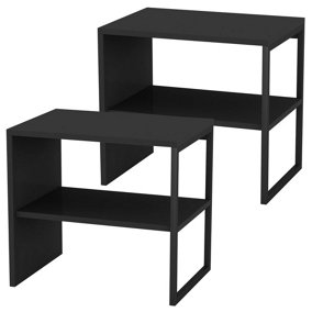 URBNLIVING 40cm Height Black 2pcs Wood & Steel Bedside Bedroom Nightstand Unit Table Open Storage Shelf
