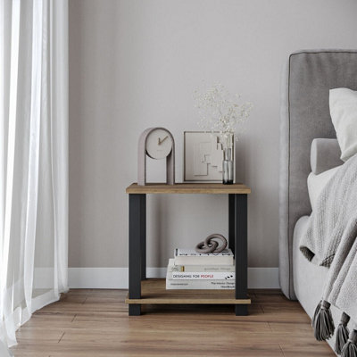 URBNLIVING 40cm Height Dark Oak 2 Tier S-Tube End Table Small Wood Bedside Nightstand With Black Legs Storage Shelf