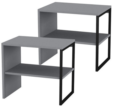 URBNLIVING 40cm Height Grey 2pcs Wood & Steel Bedside Bedroom Nightstand Unit Table Open Storage Shelf