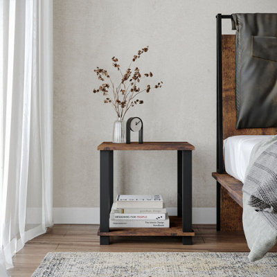 URBNLIVING 40cm Height Rustic Brown 2 Tier S-Tube End Table Small Wood Bedside Nightstand With Black Legs Storage Shelf