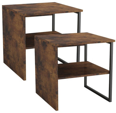 URBNLIVING 40cm Height Rustic Brown 2pcs Wood & Steel Bedside Bedroom Nightstand Unit Table Open Storage Shelf