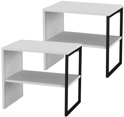 URBNLIVING 40cm Height White 2pcs Wood & Steel Bedside Bedroom Nightstand Unit Table Open Storage Shelf
