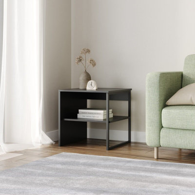 URBNLIVING 40cm Height Wood & Steel Sofa Side Table Bedside Living Room Unit With Open Storage Shelf Grey Colour