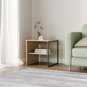 URBNLIVING 40cm Height Wood & Steel Sofa Side Table Bedside Living Room Unit With Open Storage Shelf Oak Colour