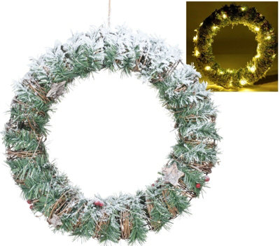 URBNLIVING 40cm LED Light Green Snow Flocked Christmas Wreath White Door Wall Hanging Garland