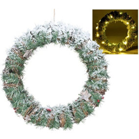 URBNLIVING 40cm LED Light Green Snow Flocked Christmas Wreath White Door Wall Hanging Garland