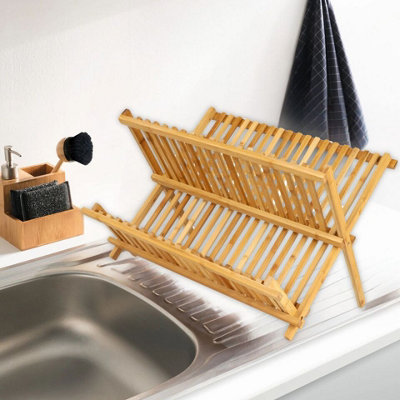 URBNLIVING 44cm Width Brown Wooden Dish Drainer Folding Cutlery