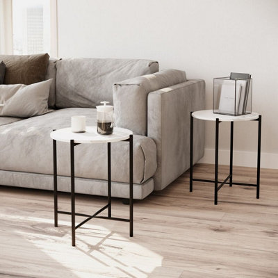 URBNLIVING 45cm Height 2 Pcs White Marble Effect Tops Round Side End Coffee Table Metal Frame