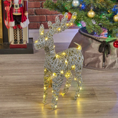 URBNLIVING 45cm LED Light Up Reindeer Silver Glitter Plastic Rattan Wire Frame Christmas Home Decorations